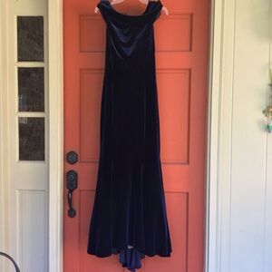 Elegant Navy Blue Drape Neck Velvet Gown